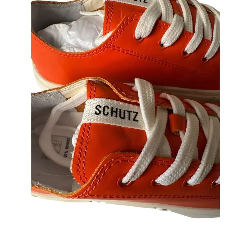 Schutz NEW Leather Lace Up Sneakers Energy Gianni Bright Orange Size 8.5 Women
